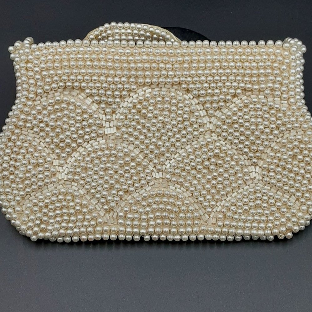 Vintage Beaded Clutch with Strap the Front has a Scallop Design Made in Japan